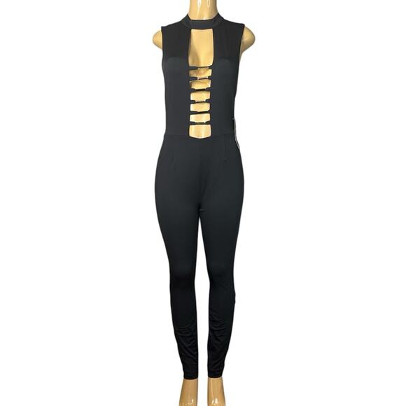 Bebe Gold Bar Detail Jumpsuit Sleeveless Plunging Neckline Black SZ Medium NWT - Picture 1 of 13